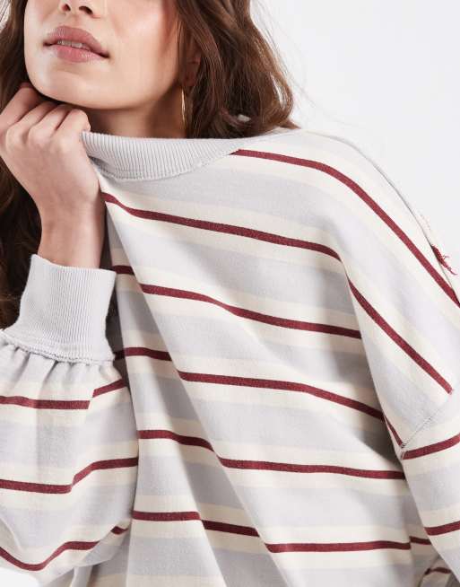 Free People palm spring boxy high neck sweatshirt in blue brown stripe, 3 of 4