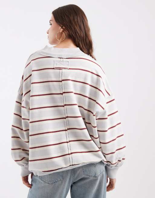 Free People palm spring boxy high neck sweatshirt in blue brown stripe, 4 of 4
