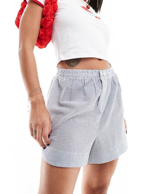 Free People - Pantaloncini boxer in cotone blu e bianchi a righe