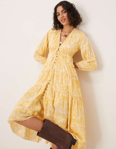 Free People pappiet chintzy floral button midi dress in sunshine yellow