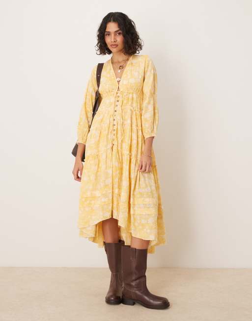 Free People - Pappiet - Vestito midi giallo sole a fiorellini con bottoni, 2 di 4