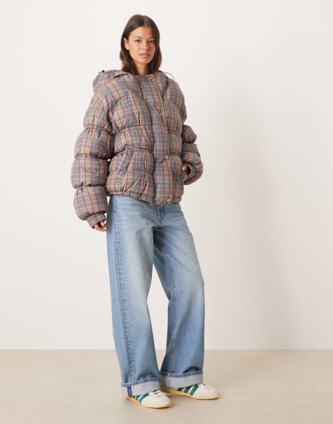 Free People part of one puffer jacket in tan check - view 1