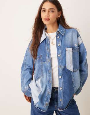 patch detail oversized denim shirt in blue