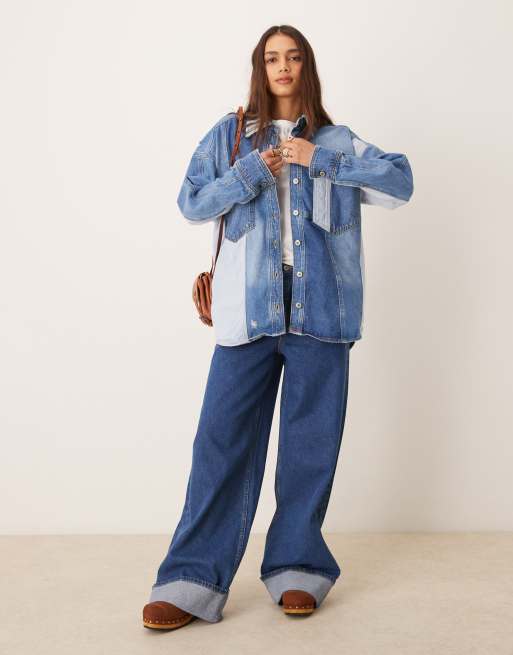 ジャケット・アウター DENIM LIKE PRINT SHIRT 8seconds Graphic Denim Shirt Jacket Blue | Denim for Women
