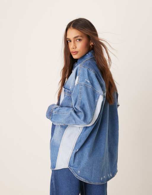 Free People patch detail oversized denim shirt in blue, 4 of 4