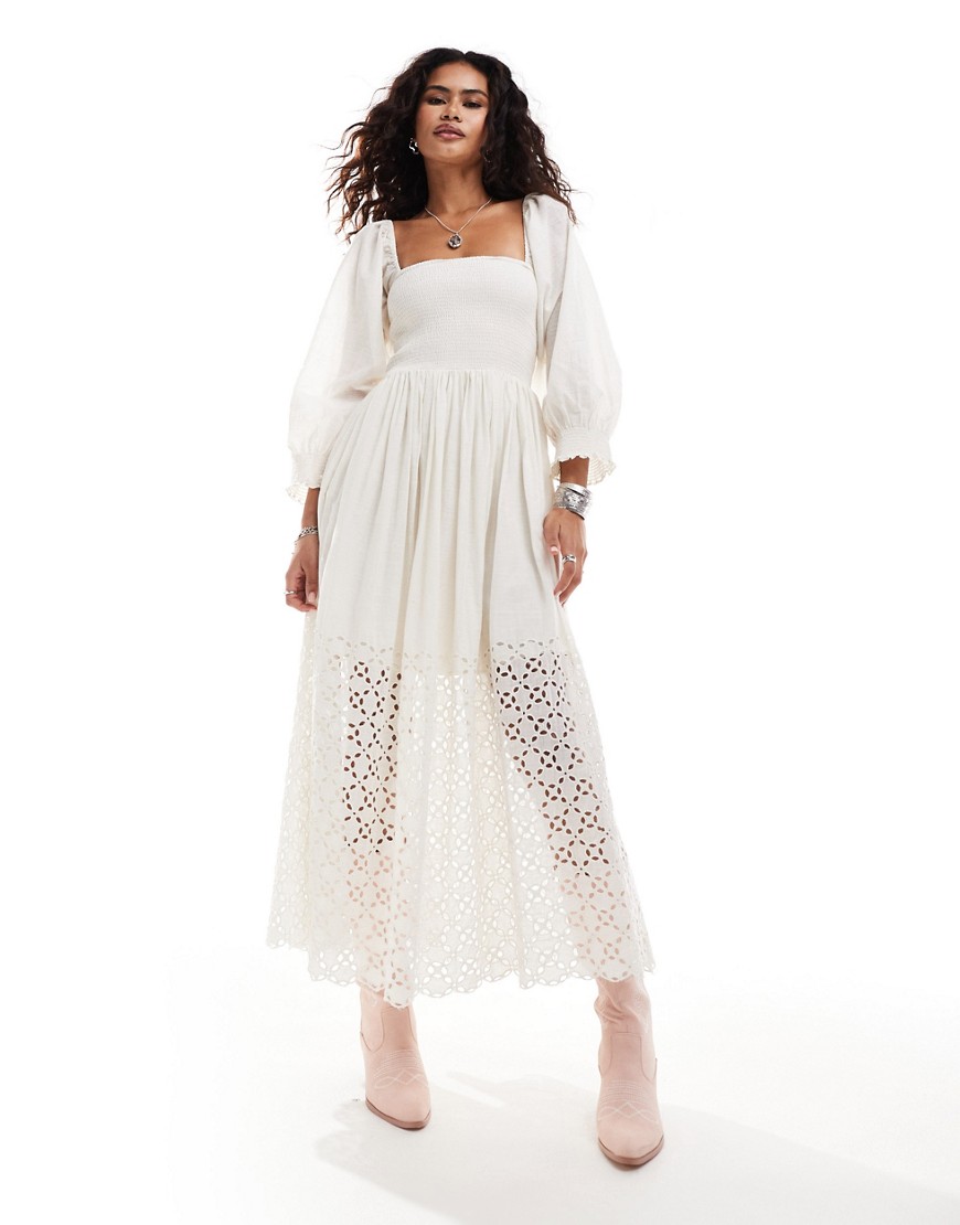 Free People perfect storm shirred bust midi smock dress in ecru-White