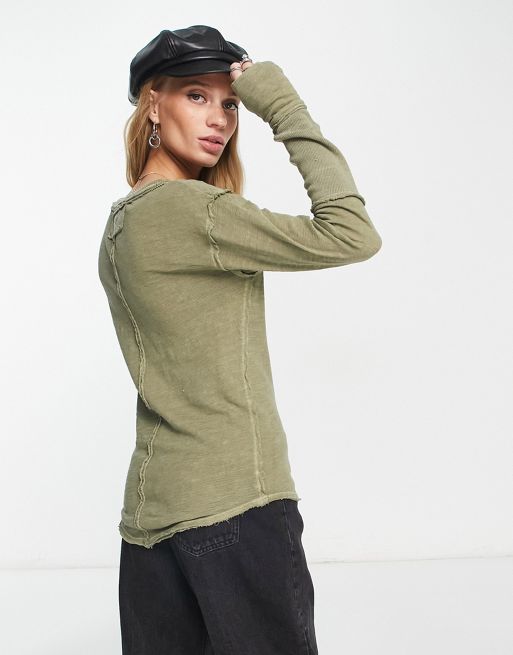FREE PEOPLE Money Maker Embroidered Thermal Henley LS Top : Green, S -  Small