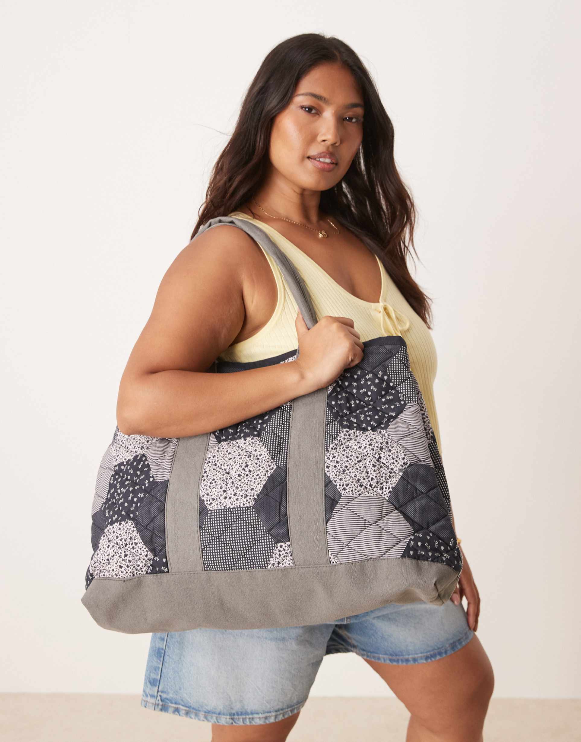 free people pippa patchwork tote bag in navy blue