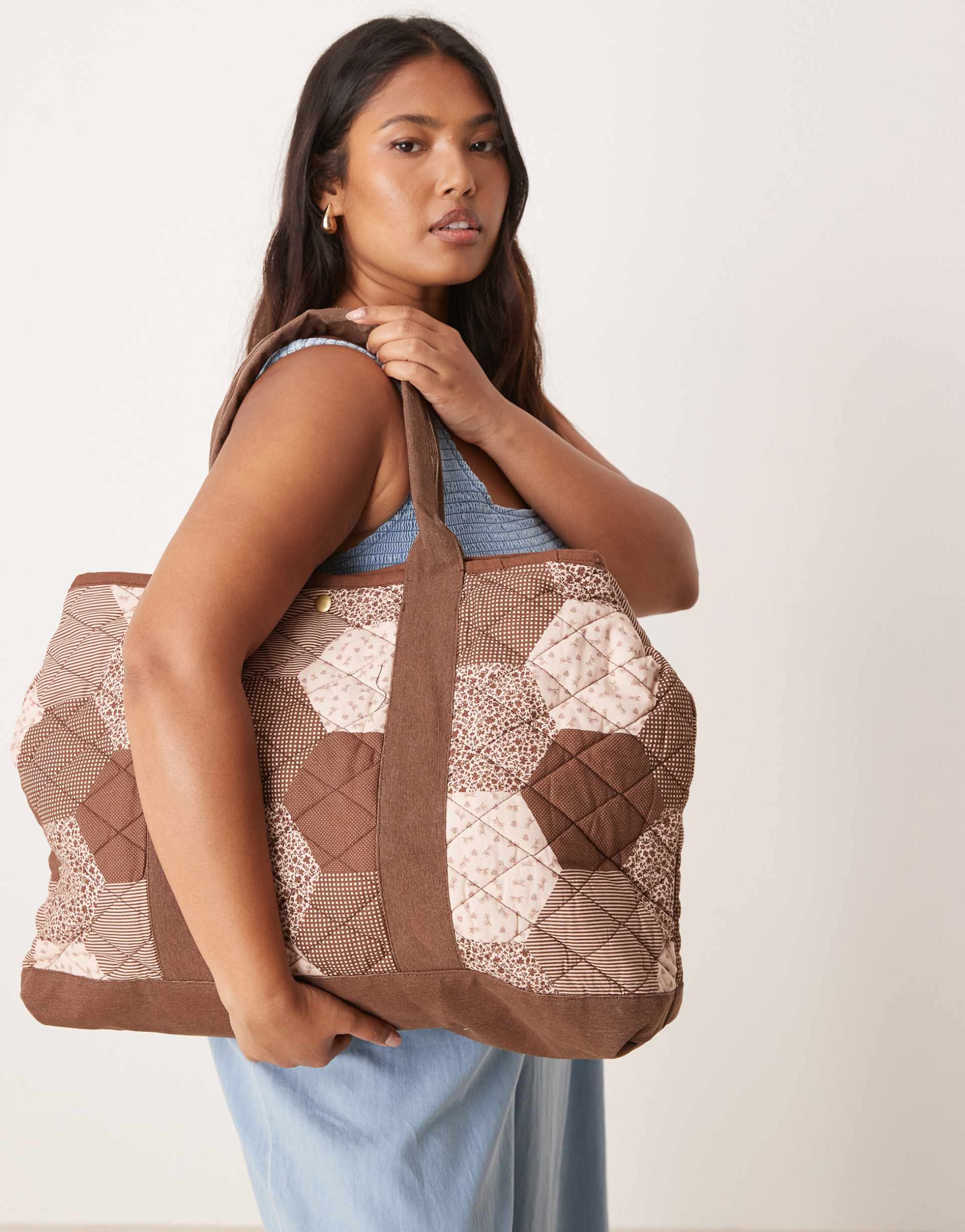 free people pippa patchwork tote bag in tan
