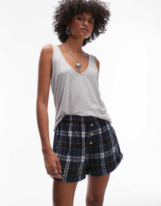 Free People plaid flannel pajama boxer shorts in navy