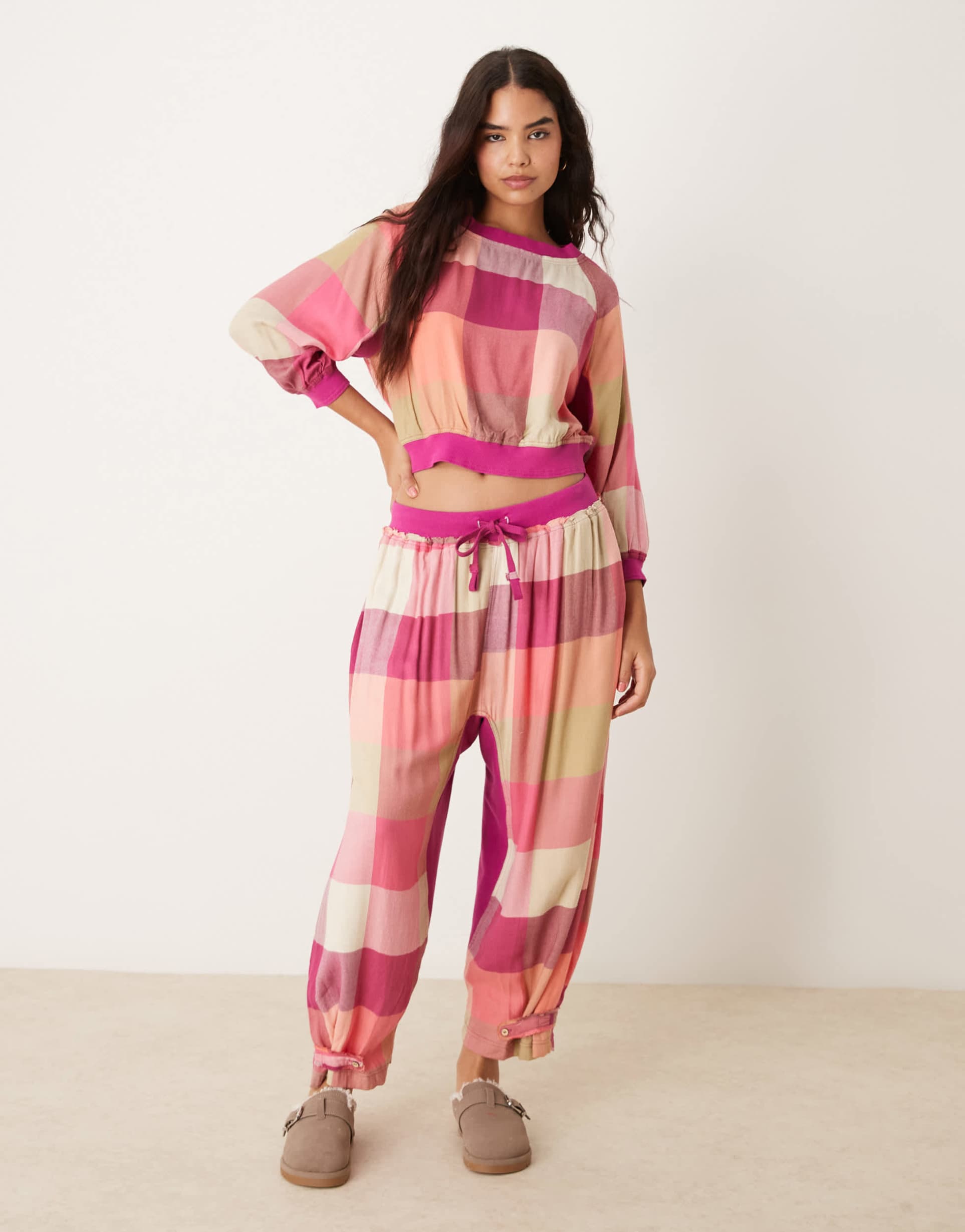 free people plaid flannel pajama pants in pink multi - part of a set