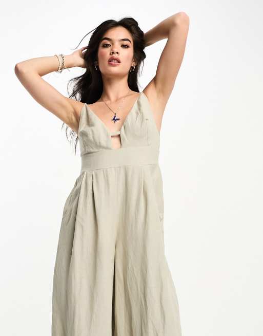 Free People plunge detail wide leg jumpsuit in light sage