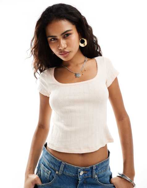 Free People pointelle scoop neck baby t-shirt in peach - view 1