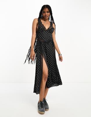 black polka dot slip dress Black Polka Dot Satin Pia Maxi Dress