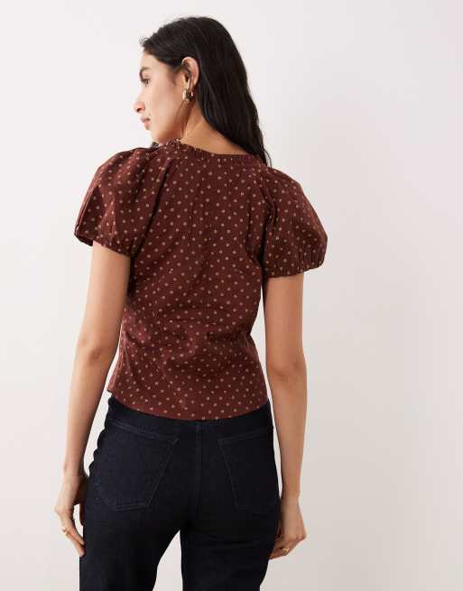 Free People polka dot printed blouse in chocolate, 4 of 4