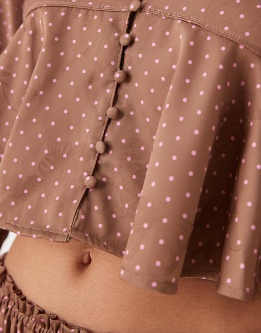 Free People polka dot satin pajama set in brown, 3 of 4