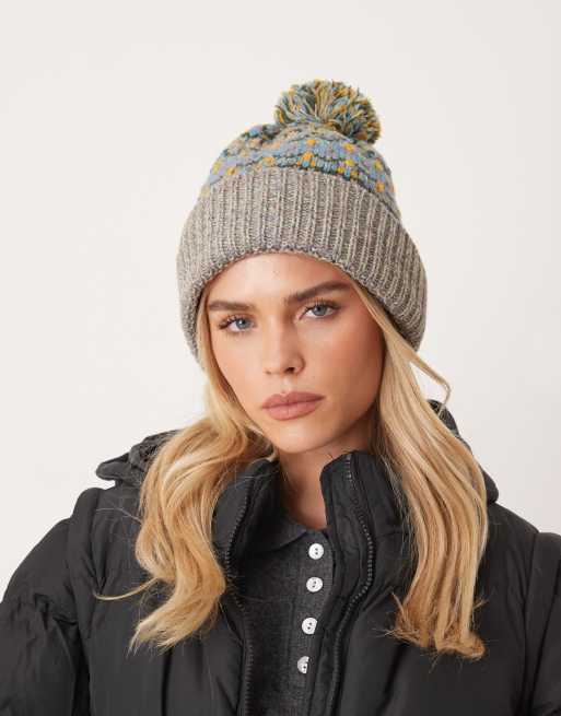 Free People pom-pom fair isle knitted beanie hat in grey and green