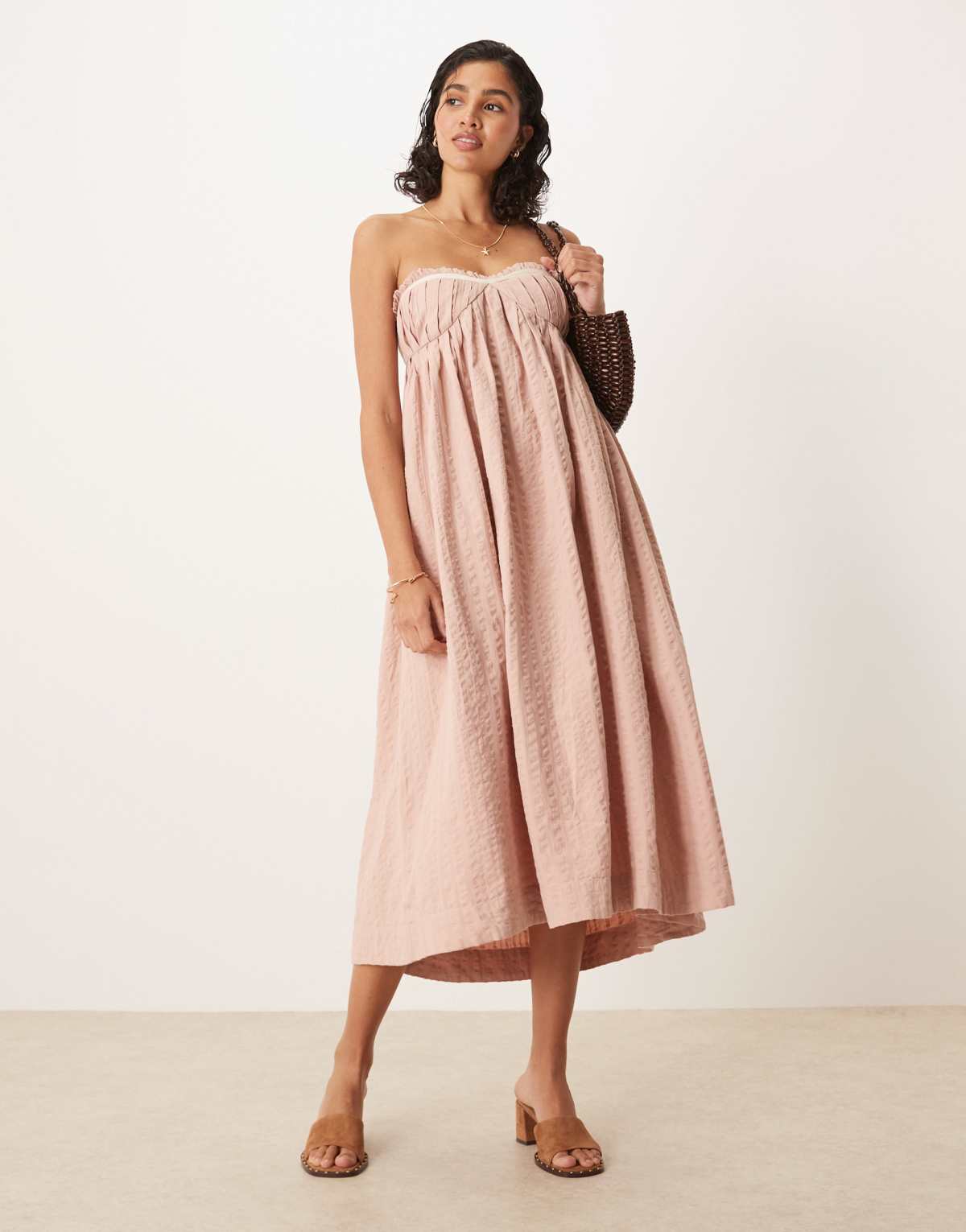 Free People poppy box pleat detail midaxi dress in neutral