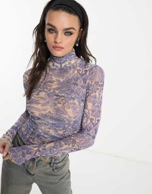 Free People Under It All Ruched Mesh Turtleneck Bodysuit In Blue