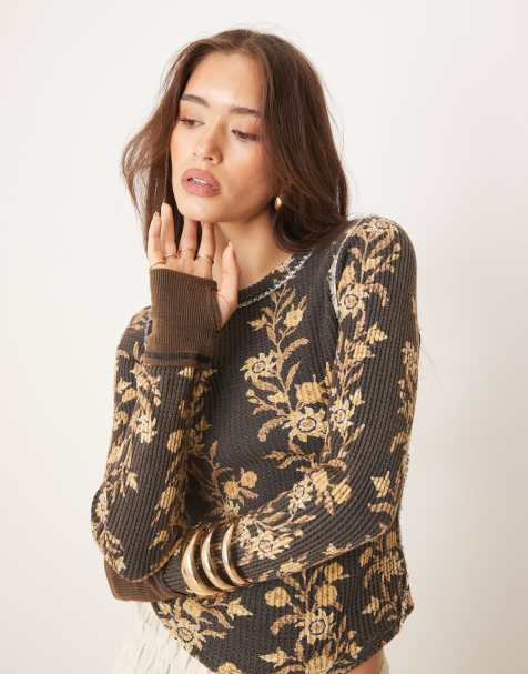 Free People pretty little floral thermal long sleeve top in black - view 1