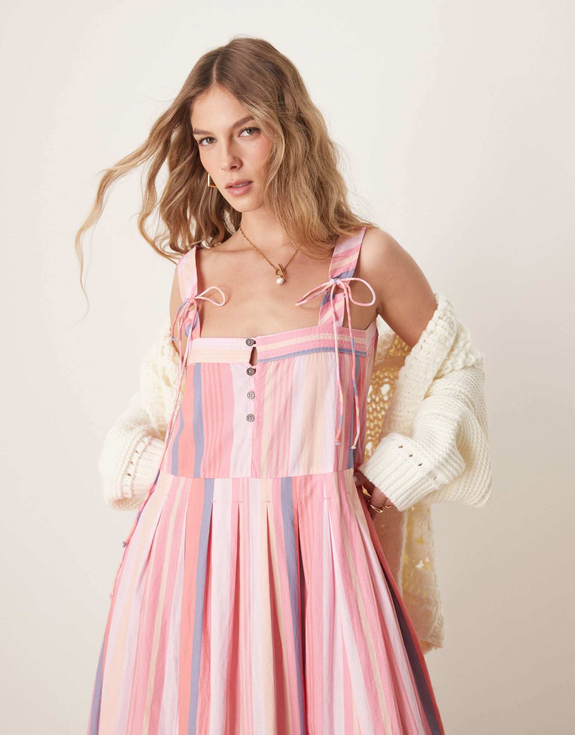 free people primavera striped drop waist sun dress in pink