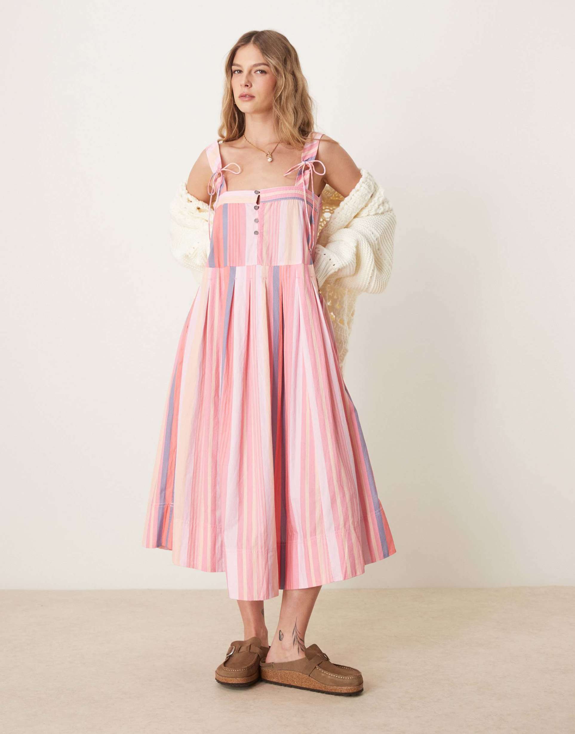 free people primavera striped drop waist sun dress in pink