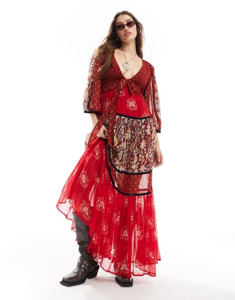 Free People print insert boho maxi dress in red - view 1
