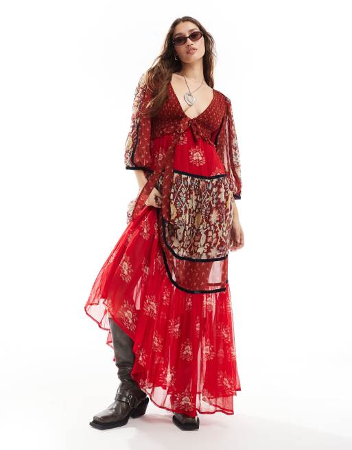 Free People print insert boho maxi dress in red