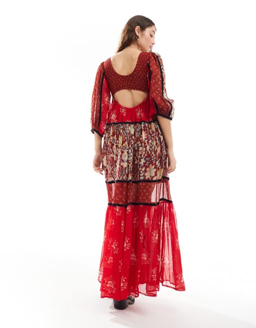 strapless open back dress Free People Yesica Red Floral Maxi Dress