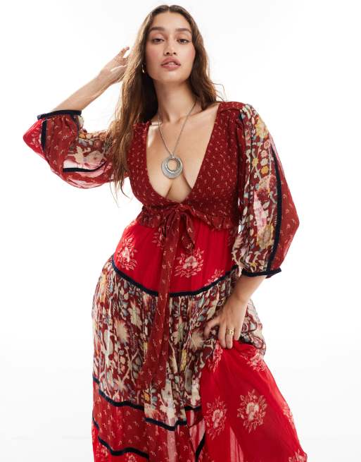 Free People print insert boho maxi dress in red | ASOS