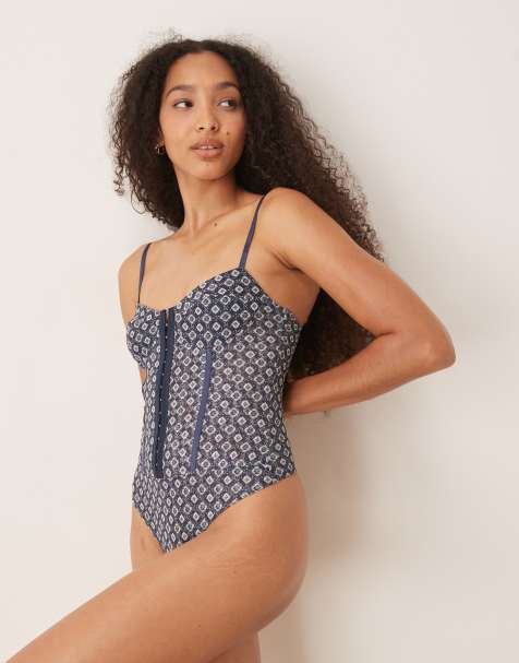 Free People printed  rhythym bodysuit in navy geo print - view 1