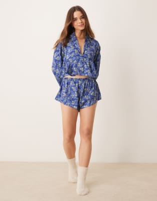 printed satin pajama set in blue