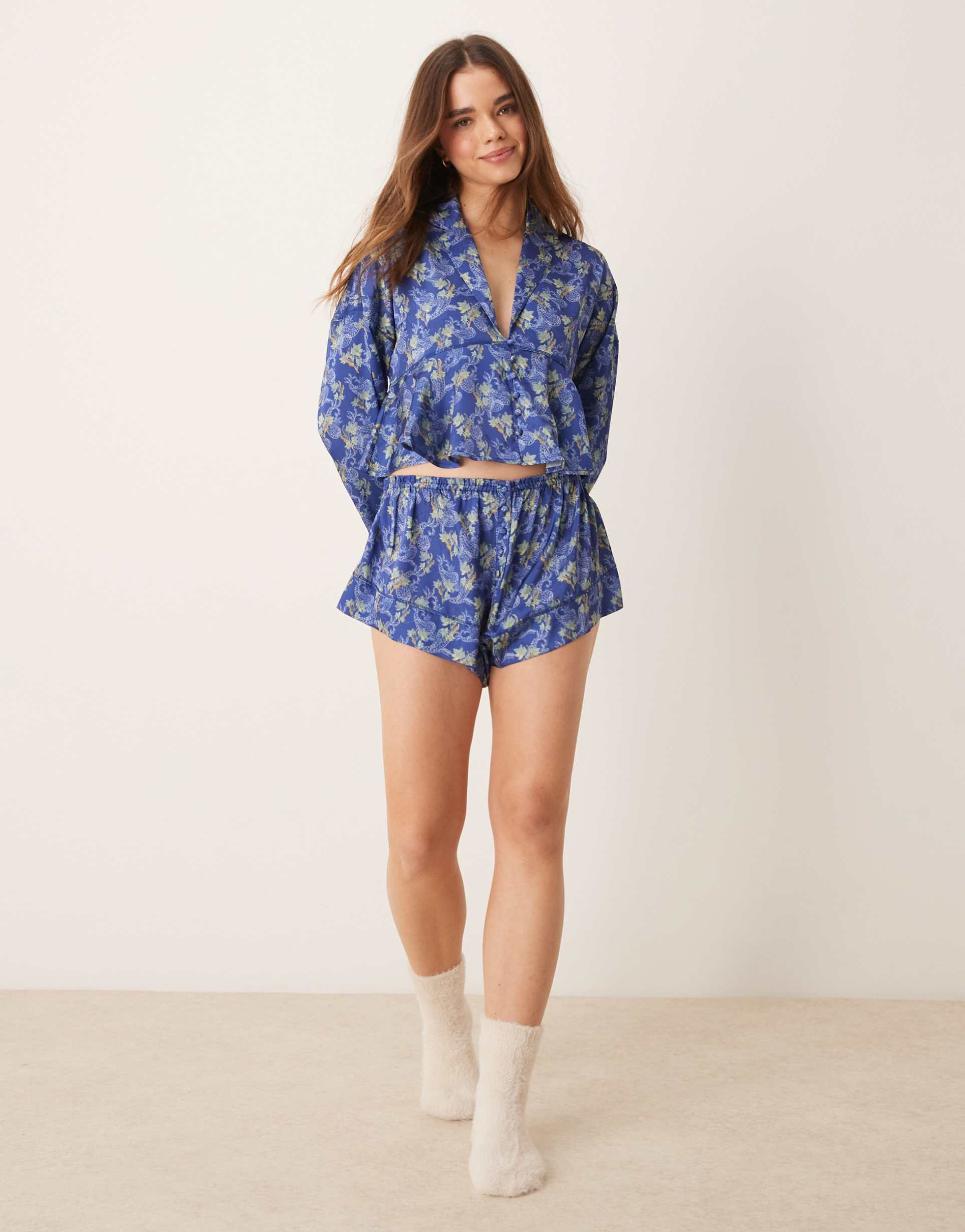 free people printed satin pajama set in blue