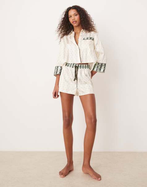 Free People printed satin pyjama set in ivory and blue - view 1