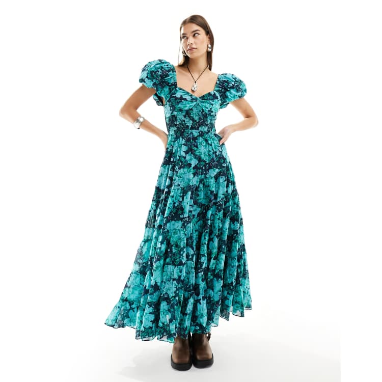 Free People puff sleeve floral print tiered midaxi dress in blue green |  ASOS