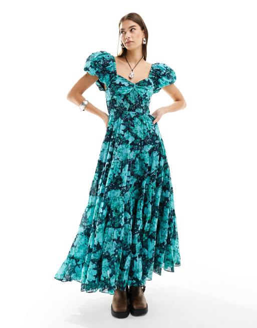 Buy online Freen Floral Print Puff Sleeves Tiered Dress from