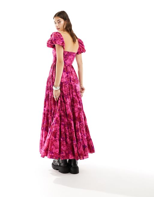 Free People puff sleeve floral print tiered midaxi dress in