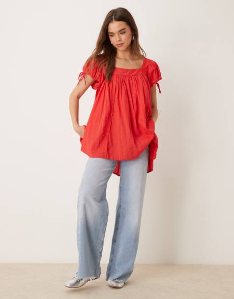 Free People puff sleeves red smock top