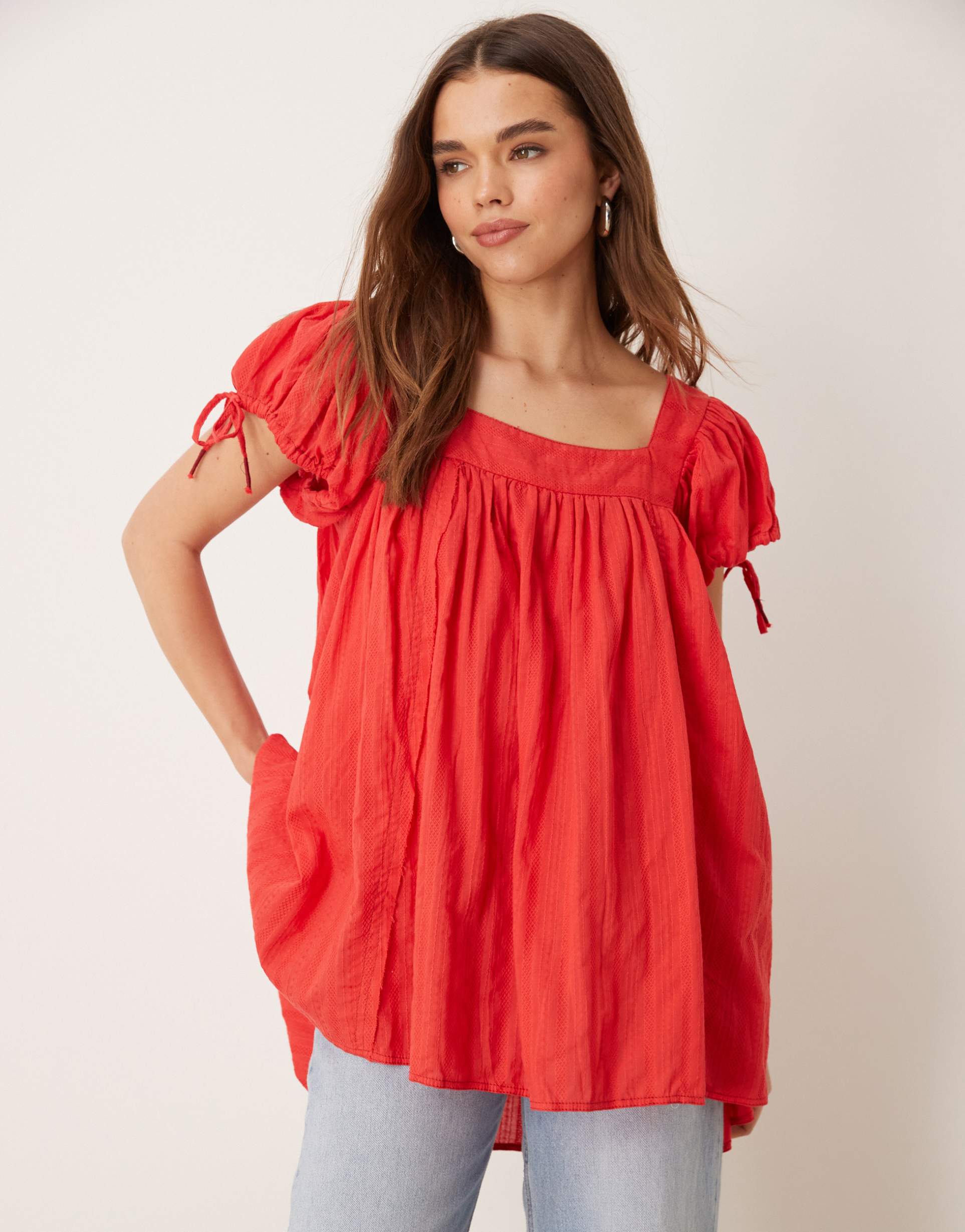 free people puff sleeves red smock top