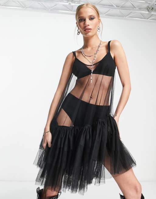 Free People Push Send sheer mini slip dress in black