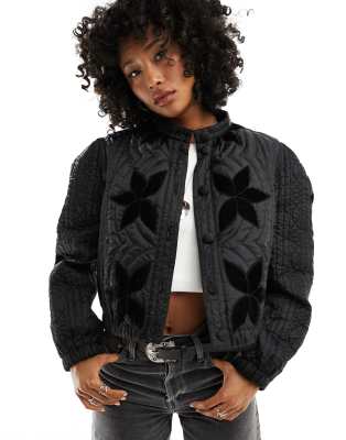 Free People Free People quilted velvet inlay jacket in black