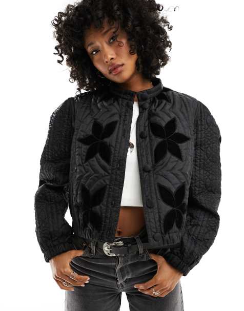 Free People quilted velvet inlay jacket in black - view 1