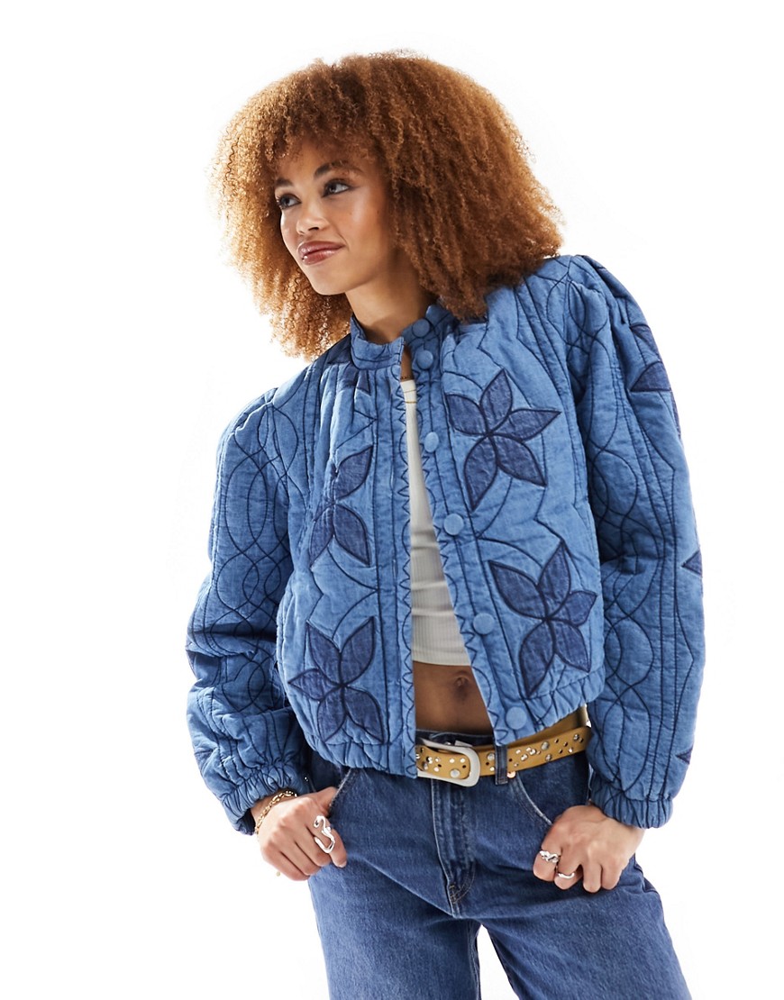 Free People Quinn Quilted Patch Insert Denim Jacket In Blue
