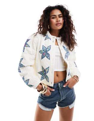 Free People Quinn Floral Accent Quilted Crop Jacket In White