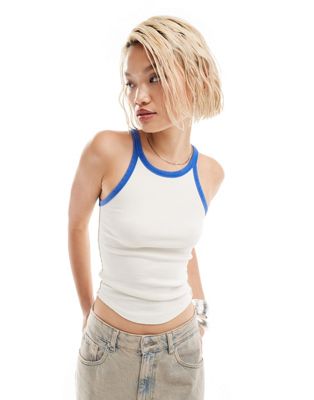 Free People Racer Tank Top In Ivory With Blue Contrast Trim-white