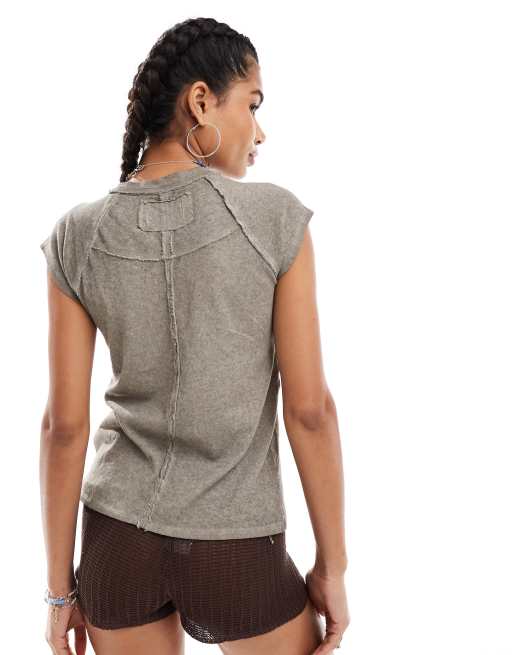 Free People raglan sleeve baby t-shirt in washed brown, 3 of 4