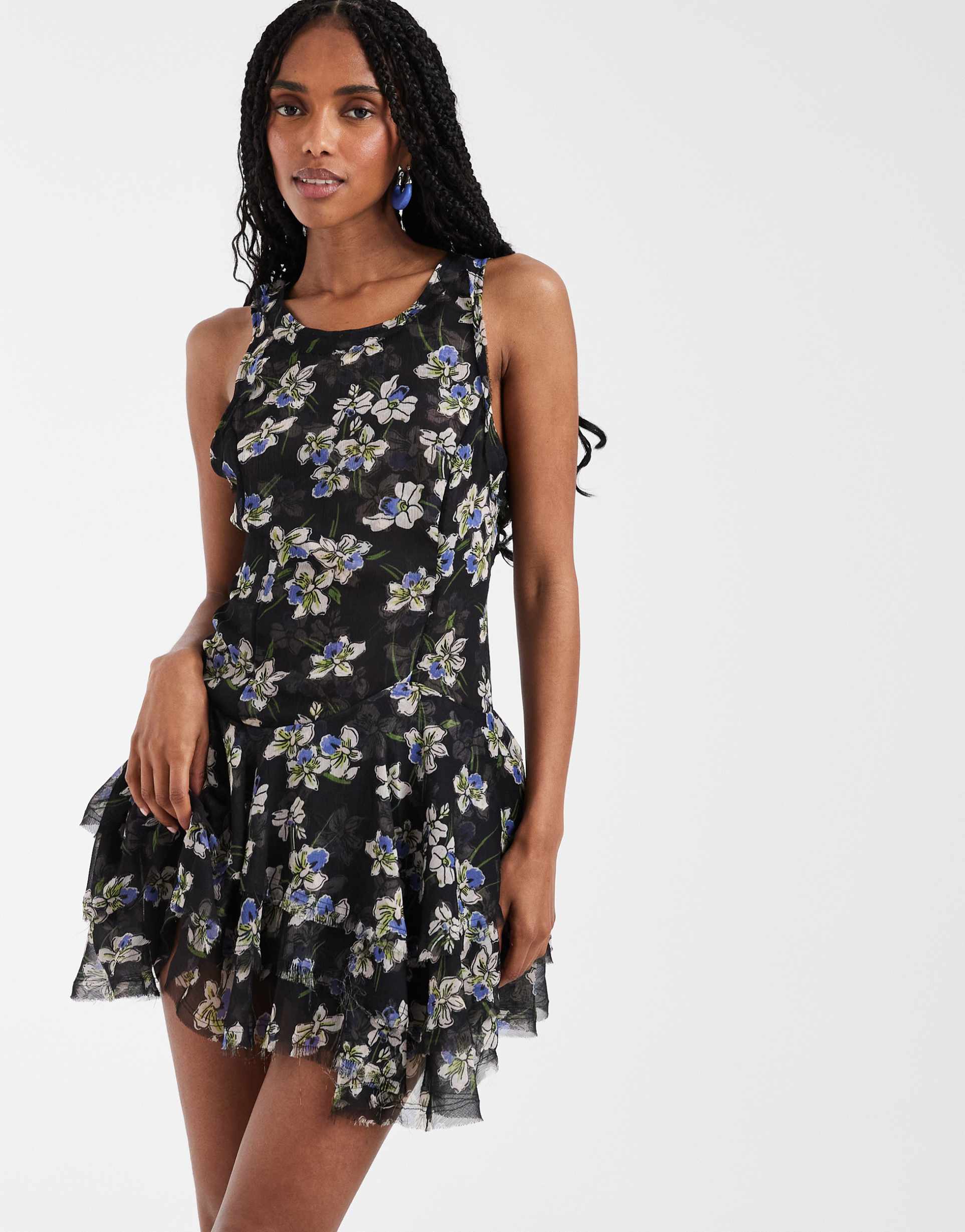 free people raven printed mini dress in midnight combo