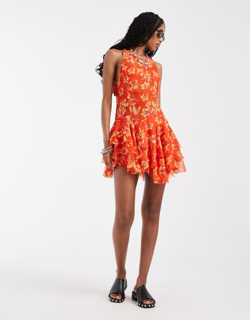 Free People - Raven - Vestido corto rojo estampado, 3 de 4