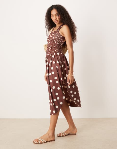 Free People raylon midi dress in brown polka dot 