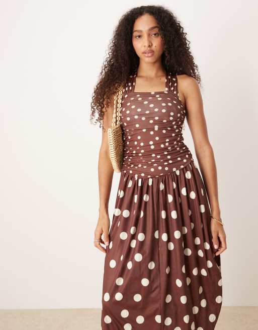 Free People raylon midi dress in brown polka dots